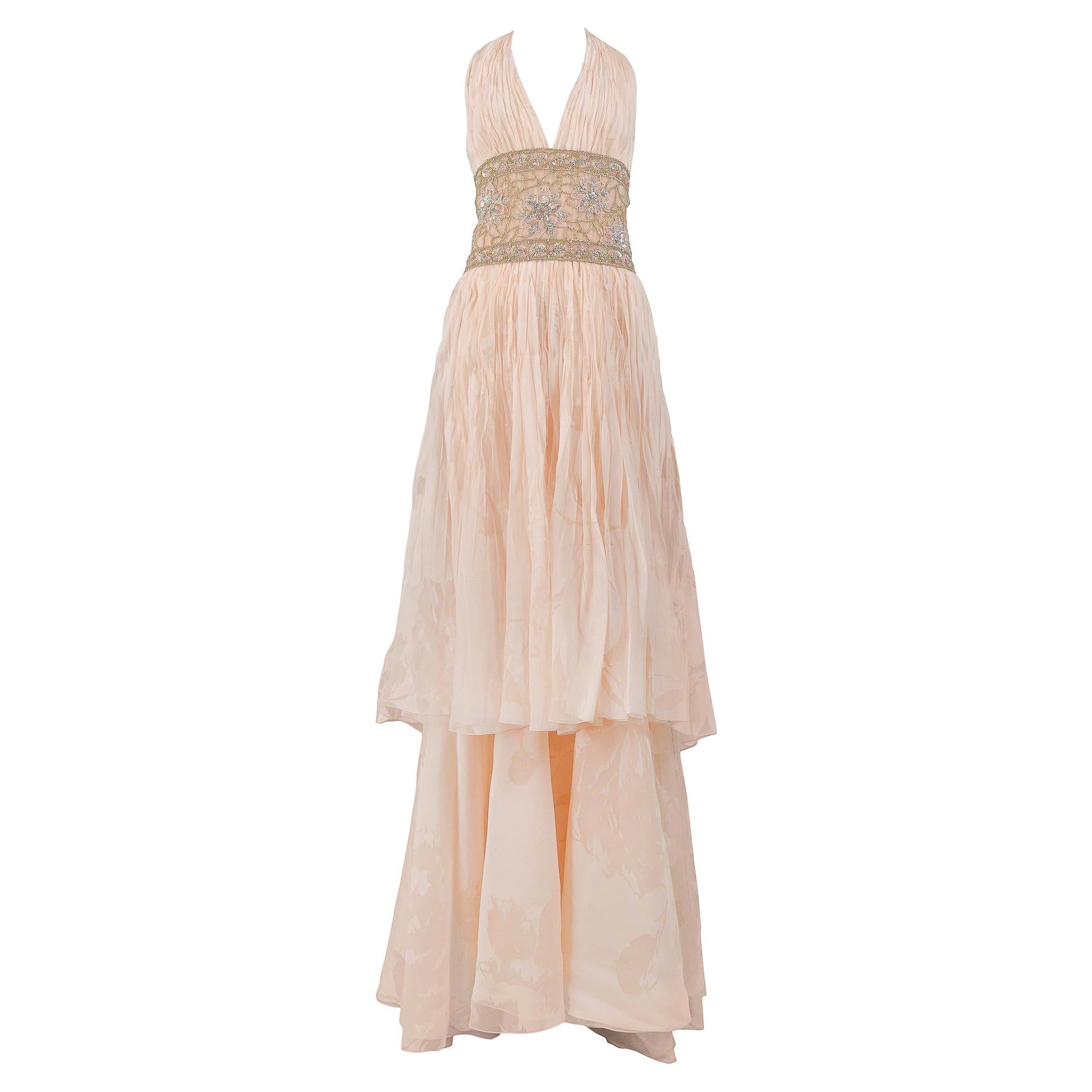 Valentino Peach Floral Silk Runway Evening Gown with Beaded Belt 2007