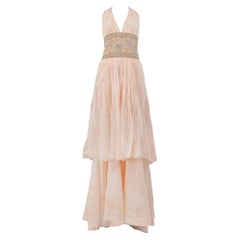 Valentino Couture Peach Floral Silk Runway Evening Gown with Beaded Belt 2007