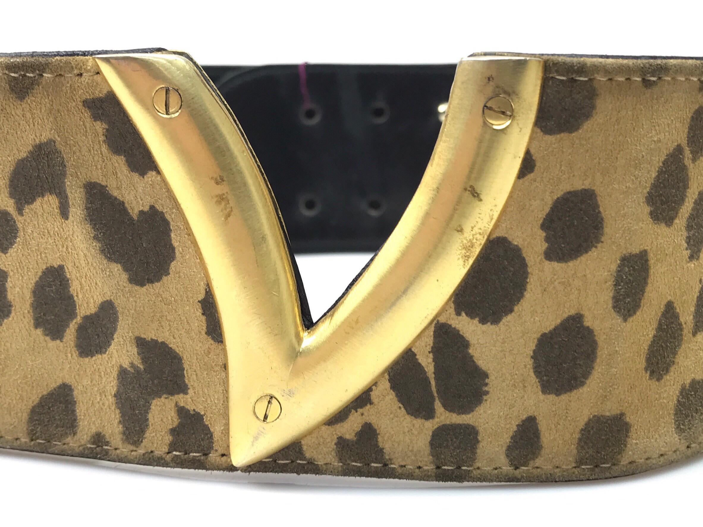 Brown Valentino Couture Reversible Cheetah & Black Leather Belt with Gold Front 