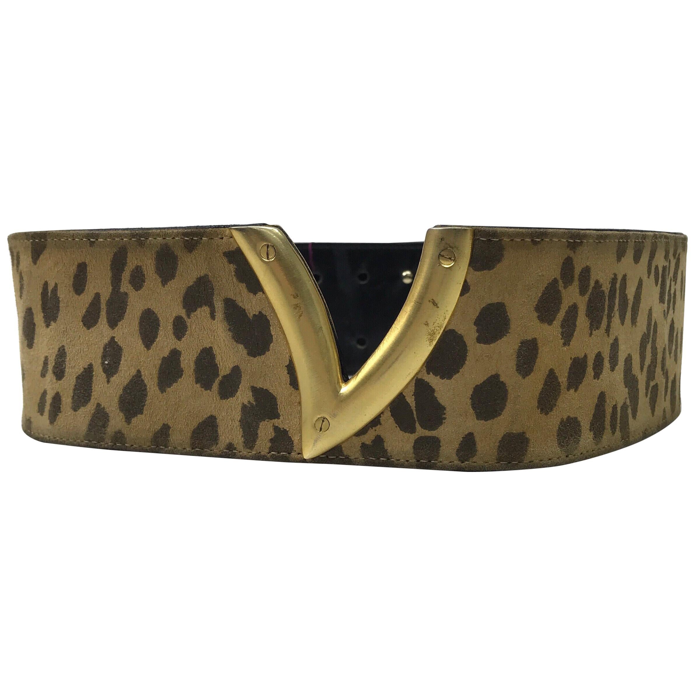 Valentino Couture Reversible Cheetah & Black Leather Belt with Gold Front "V"