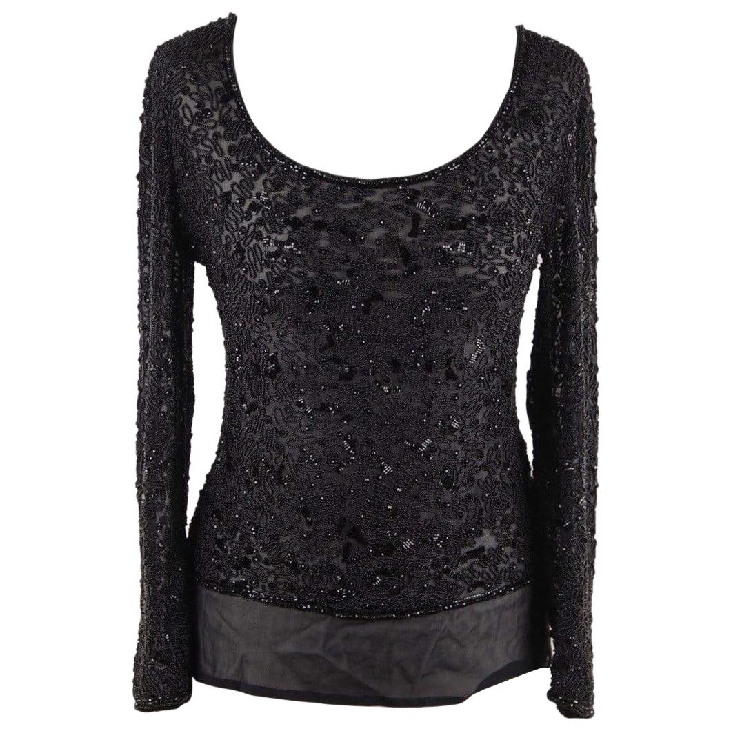VALENTINO COUTURE Vintage Black Chiffon BEADED BLOUSE Top LONG SLEEVE