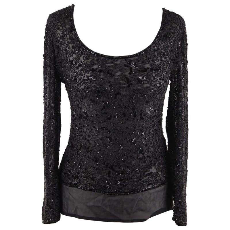 VALENTINO COUTURE Vintage Black Chiffon BEADED BLOUSE Top LONG SLEEVE ...