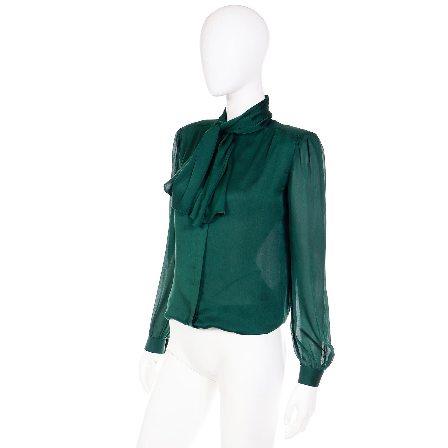 Valentino Couture Vintage Green Silk Bow Blouse With Sheer Sleeves In Excellent Condition For Sale In Portland, OR