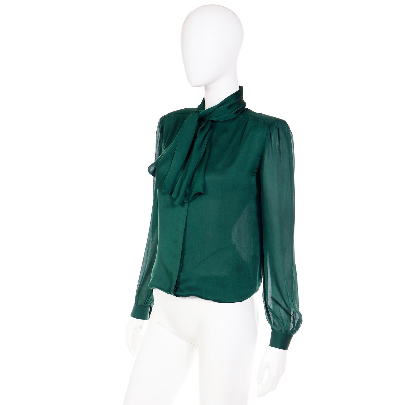 Valentino Couture Vintage Green Silk Bow Blouse With Sheer Sleeves In Excellent Condition In Portland, OR