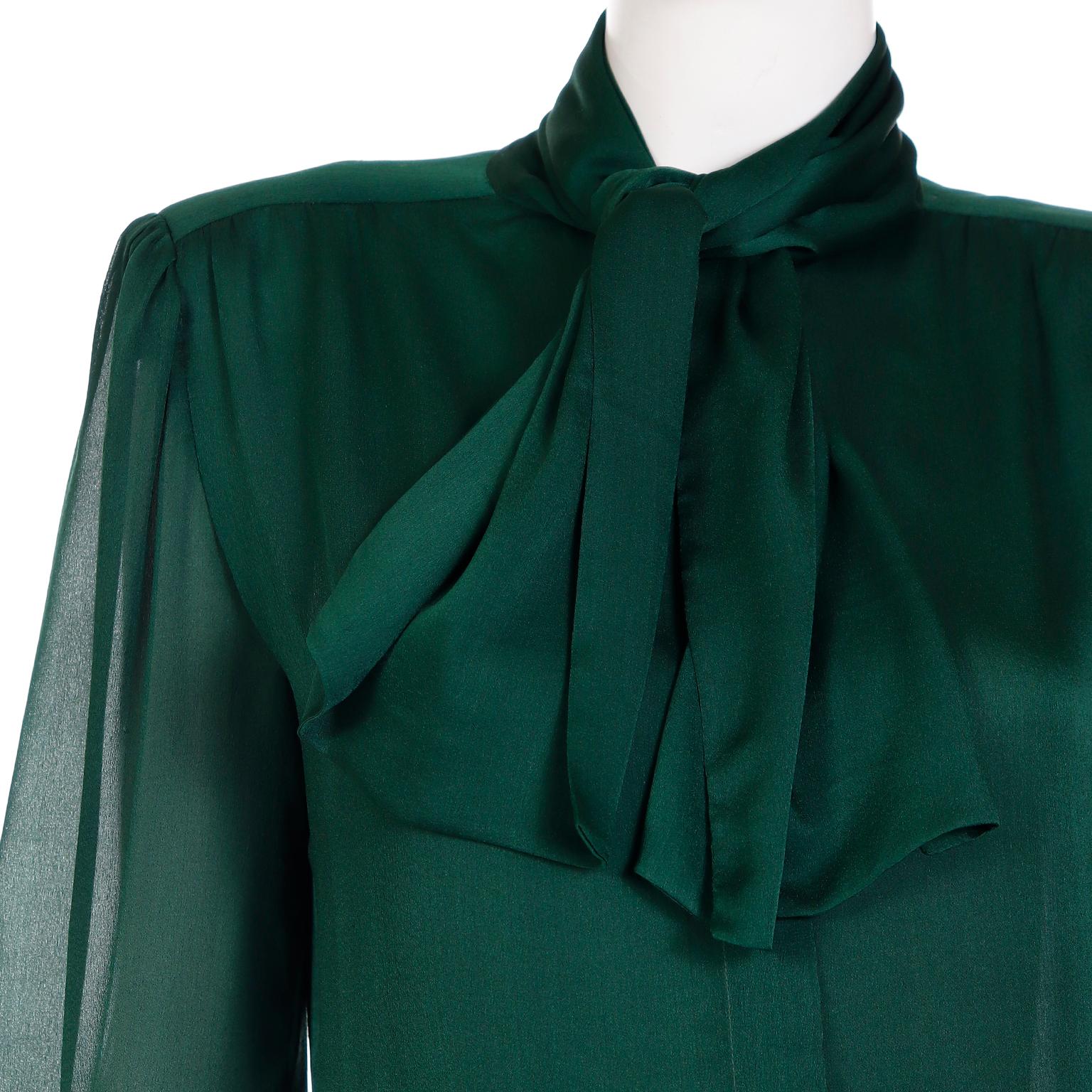 Women's Valentino Couture Vintage Green Silk Bow Blouse With Sheer Sleeves For Sale