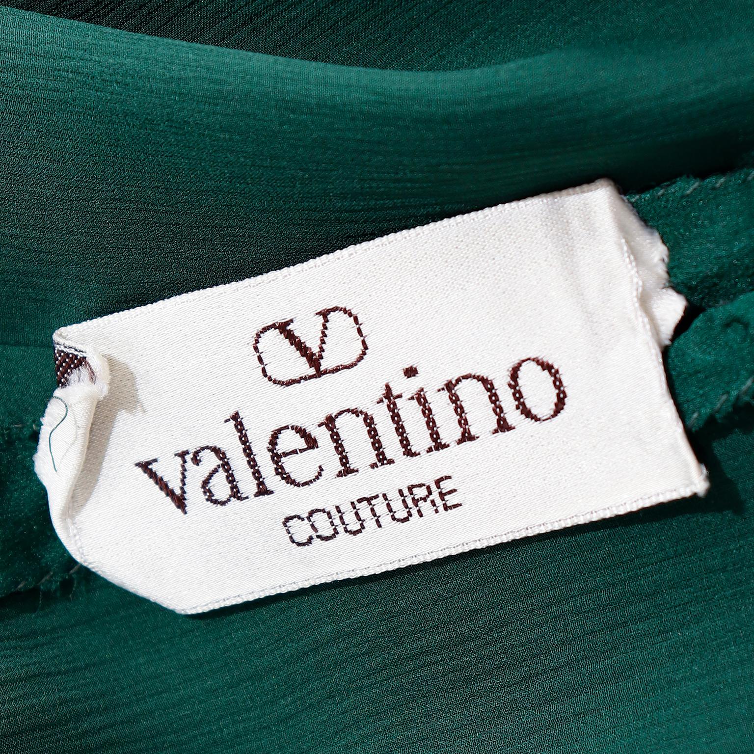 Valentino Couture Vintage Green Silk Bow Blouse With Sheer Sleeves For Sale 2