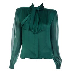 Valentino Couture Used Green Silk Bow Blouse With Sheer Sleeves