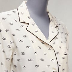 VALENTINO cream 100% silk V logo black piping collared pajama shirt IT36 XXS