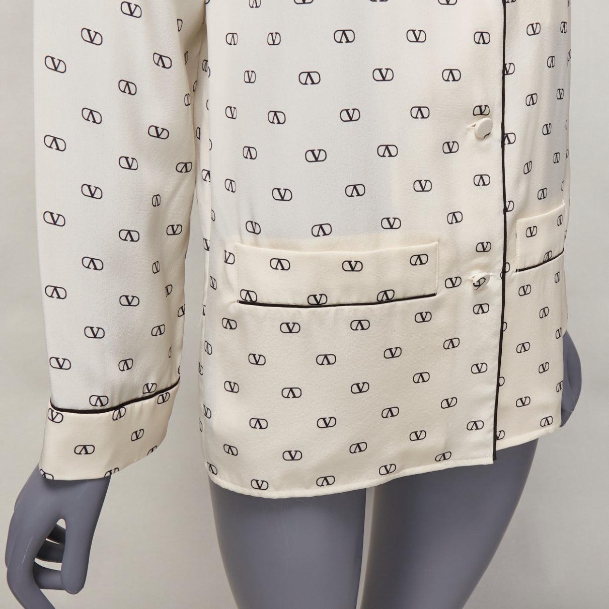 VALENTINO cream 100% silk V logo black piping collared pajama shirt IT36 XXS For Sale 3