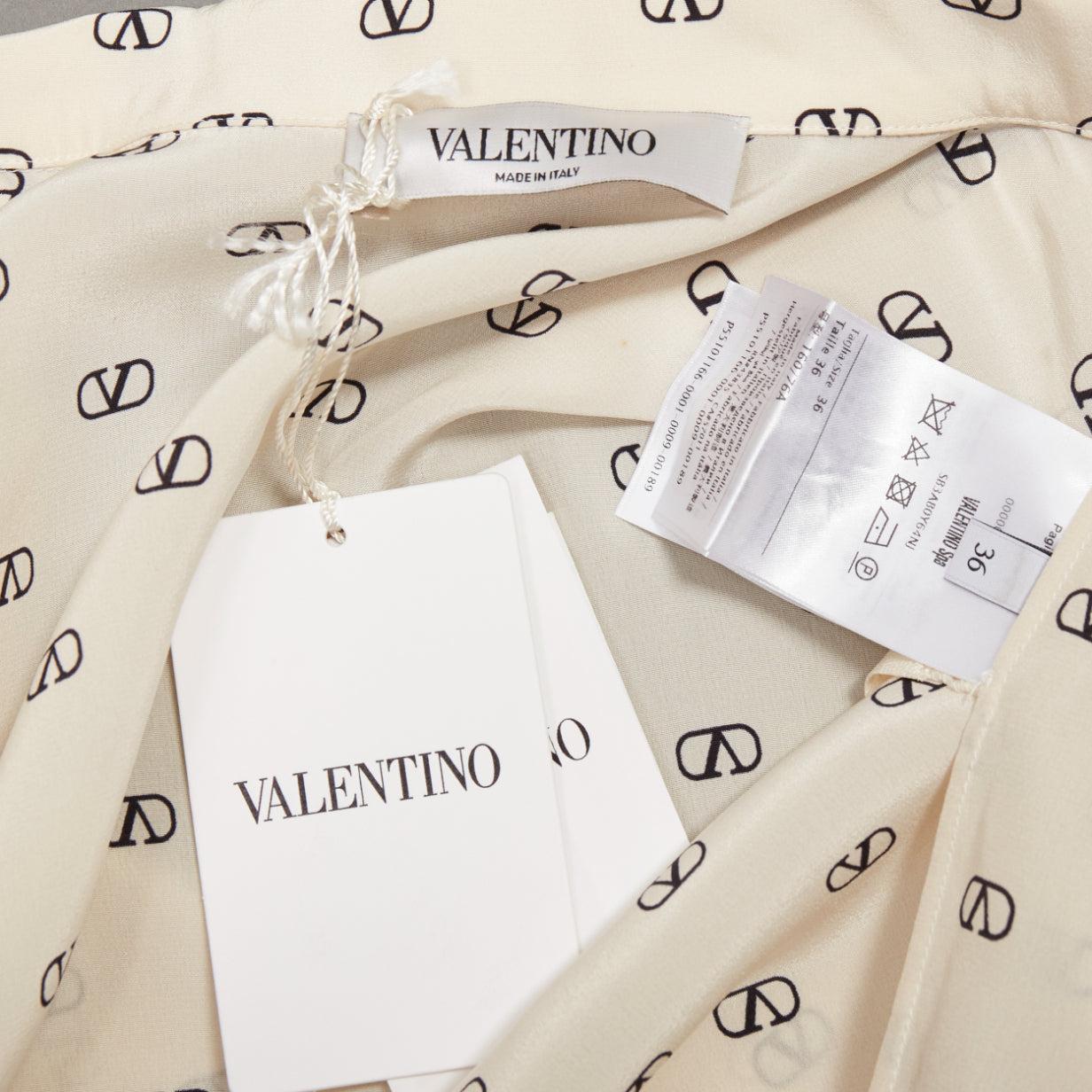 VALENTINO cream 100% silk V logo black piping collared pajama shirt IT36 XXS For Sale 5