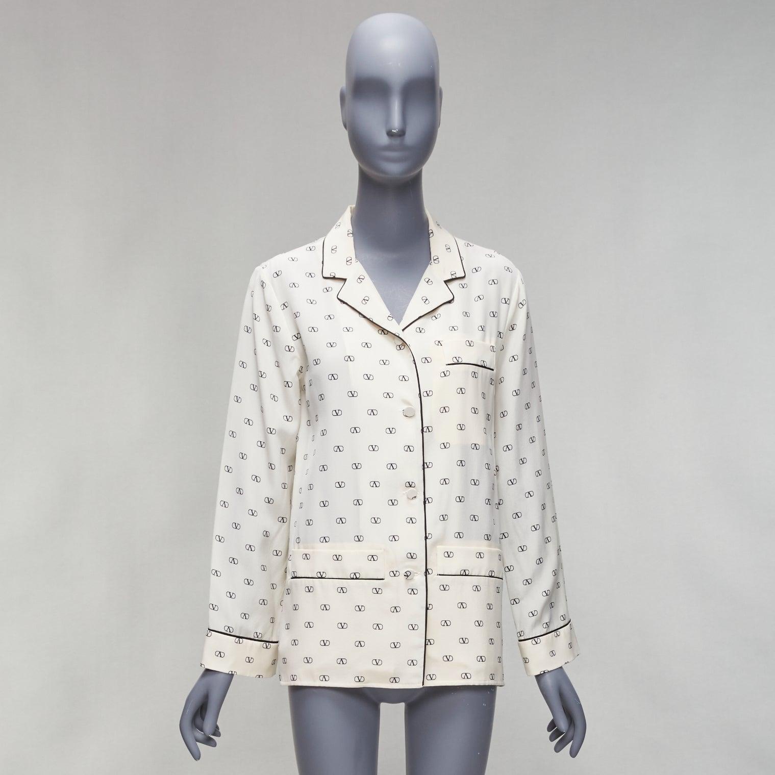 VALENTINO cream 100% silk V logo black piping collared pajama shirt IT36 XXS For Sale 5