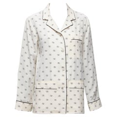VALENTINO crema 100% seda V logo ribete negro cuello pijama camisa IT36 XXS