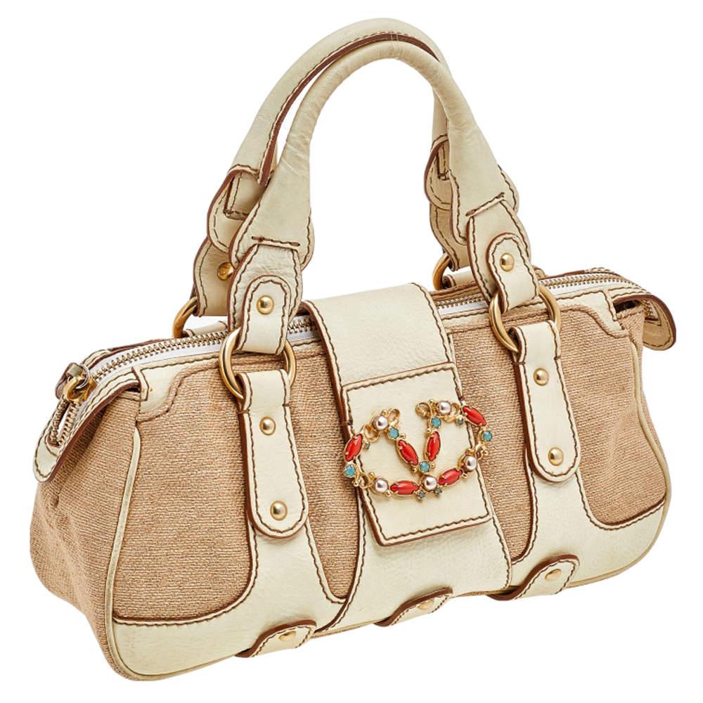 Women's Valentino Cream/Beige Fabric And Leather VLogo Flap Shoulder Bag For Sale