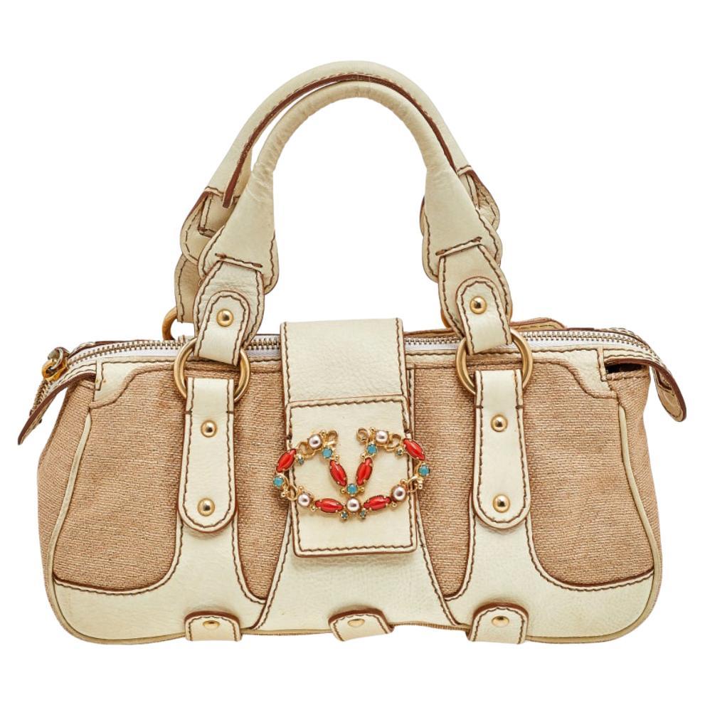 Valentino Cream/Beige Fabric And Leather VLogo Flap Shoulder Bag For Sale