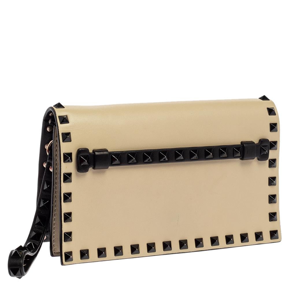 Beige Valentino Cream/Black Leather Rockstud Wristlet Clutch