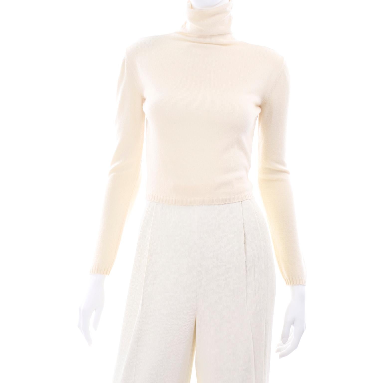 Valentino Cream Cashmere Sweater Ivory Lace Wrap Top & Textured High Waist Pants 2