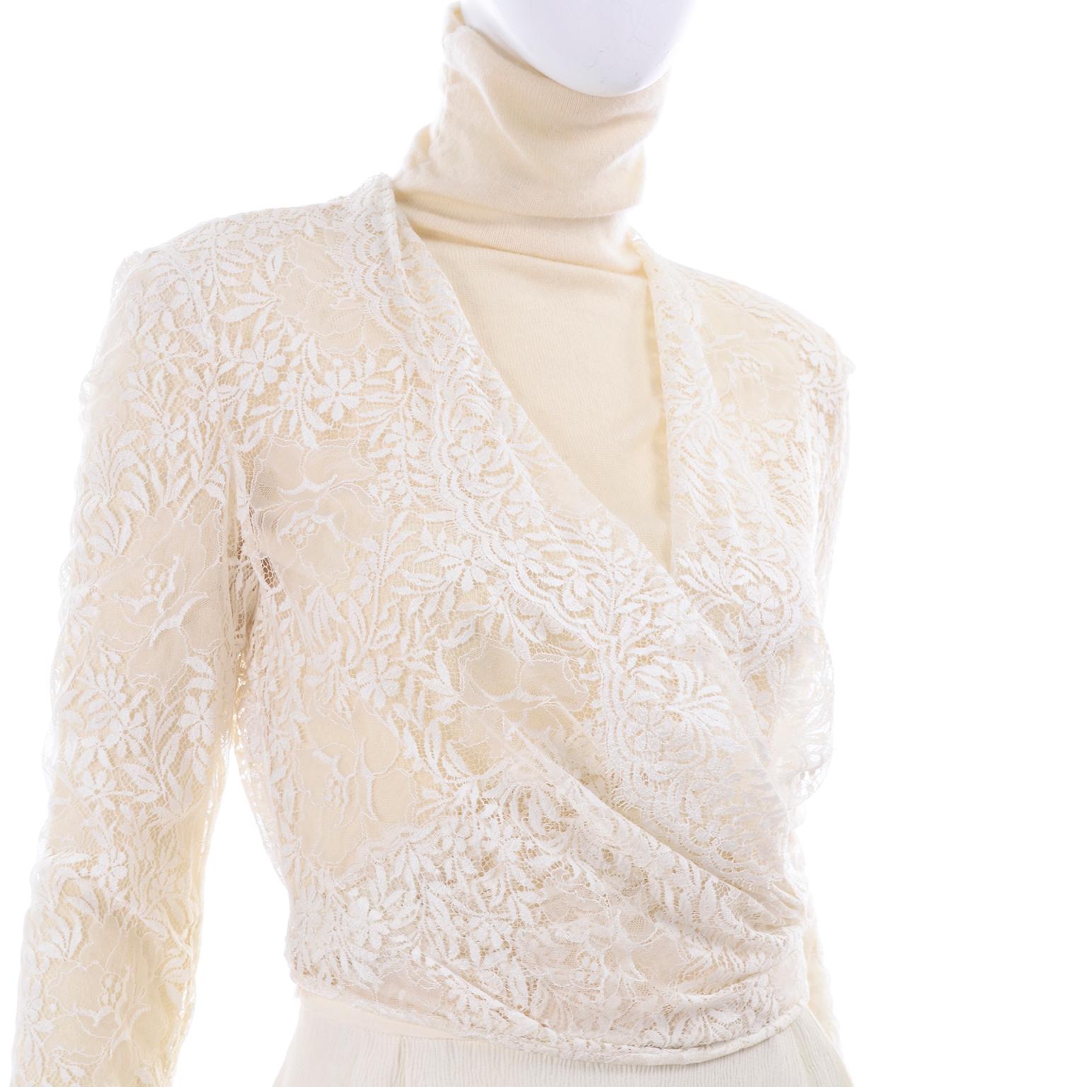 Valentino Cream Cashmere Sweater Ivory Lace Wrap Top & Textured High Waist Pants 3