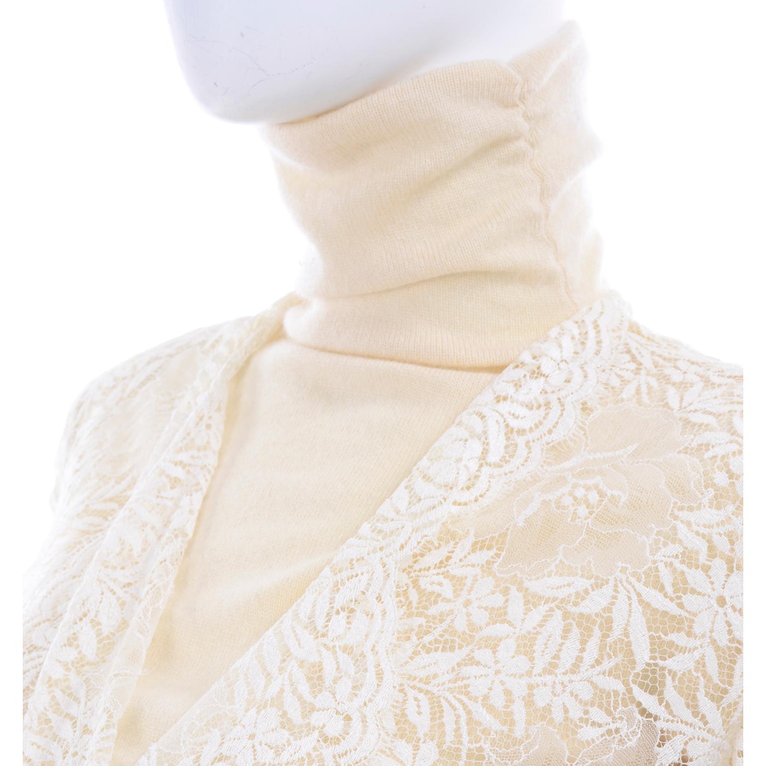 Valentino Cream Cashmere Sweater Ivory Lace Wrap Top & Textured High Waist Pants 4