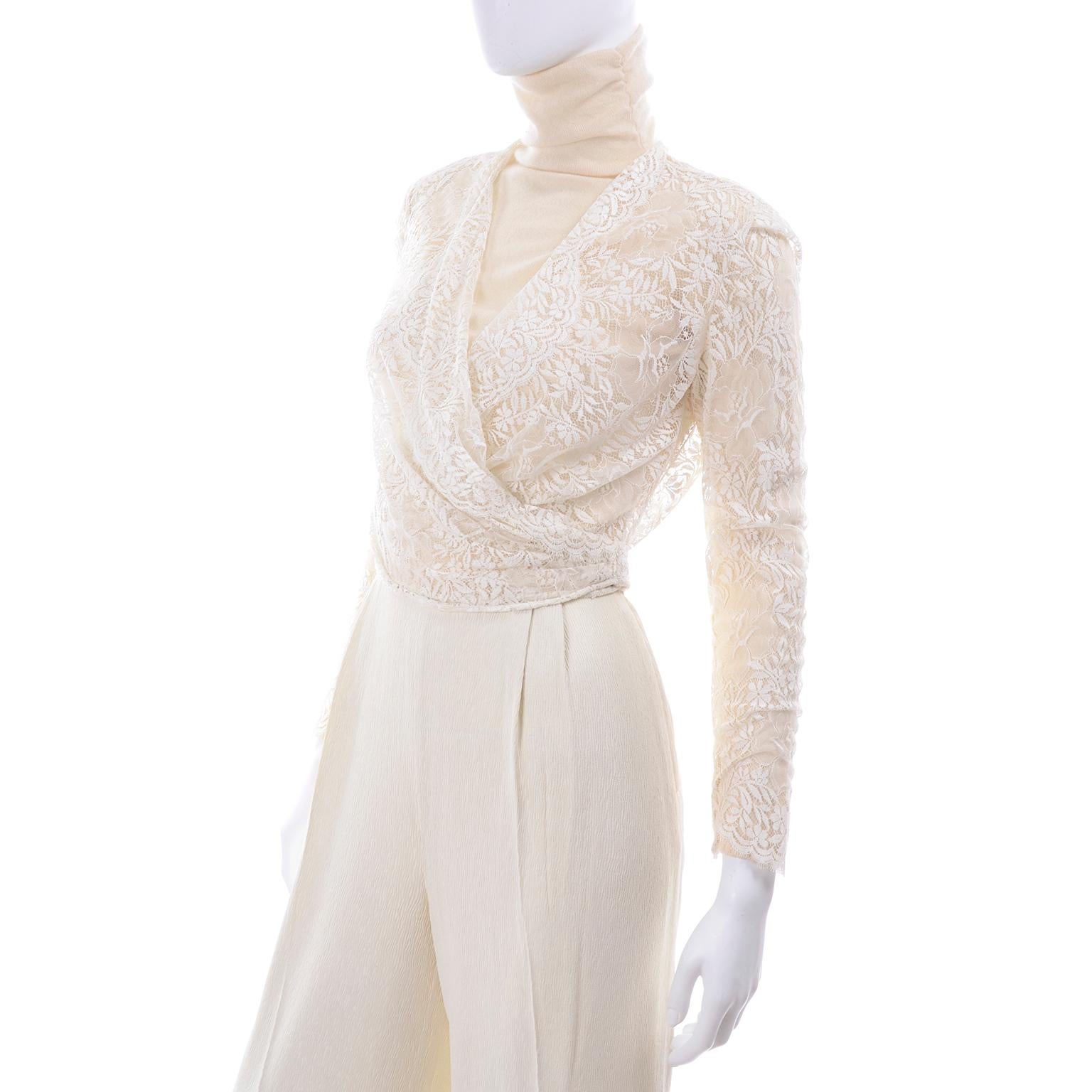 Valentino Cream Cashmere Sweater Ivory Lace Wrap Top & Textured High Waist Pants 5