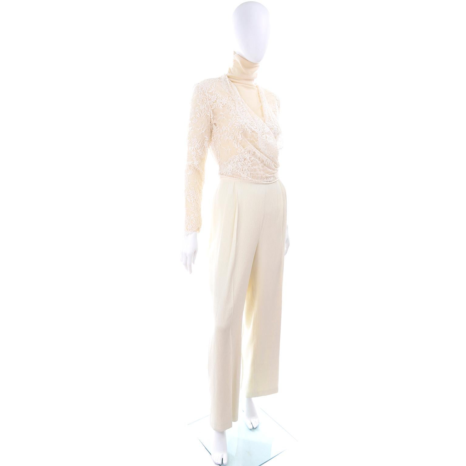 Beige Valentino Cream Cashmere Sweater Ivory Lace Wrap Top & Textured High Waist Pants