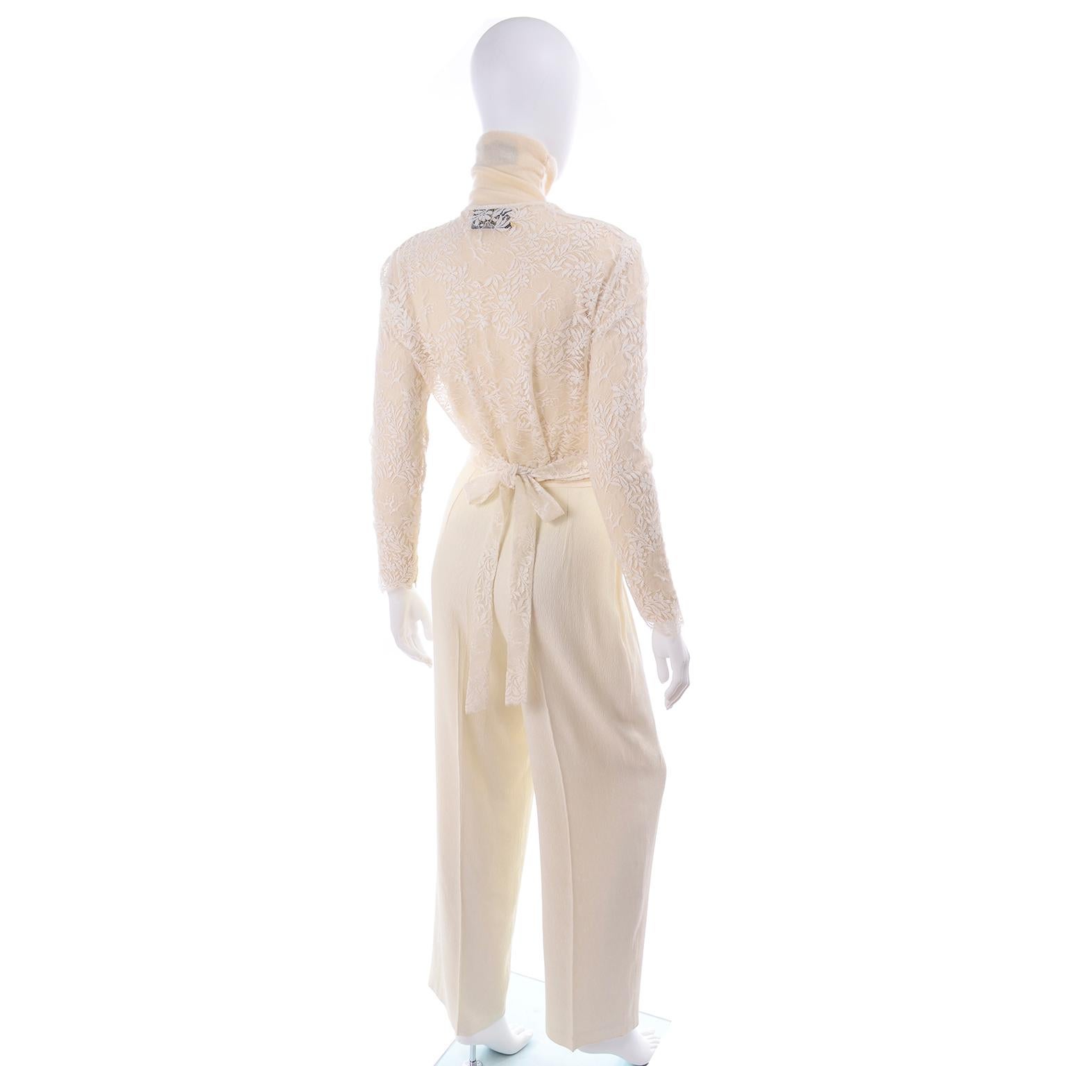 Valentino Cream Cashmere Sweater Ivory Lace Wrap Top & Textured High Waist Pants In Excellent Condition In Portland, OR