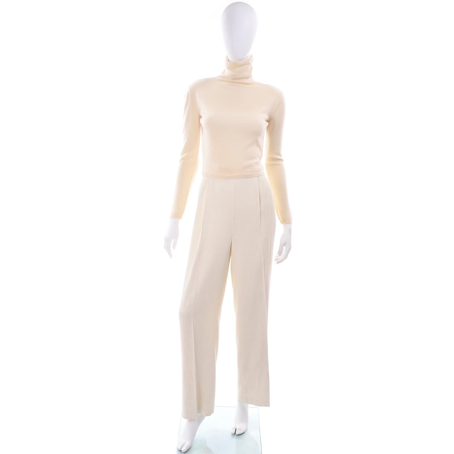 Women's Valentino Cream Cashmere Sweater Ivory Lace Wrap Top & Textured High Waist Pants