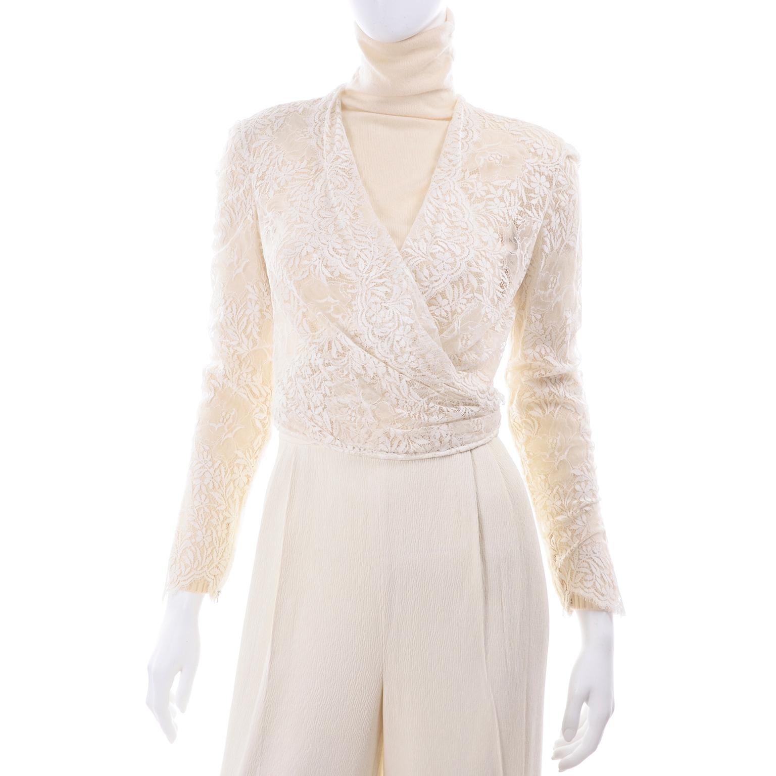 Valentino Cream Cashmere Sweater Ivory Lace Wrap Top & Textured High Waist Pants 1