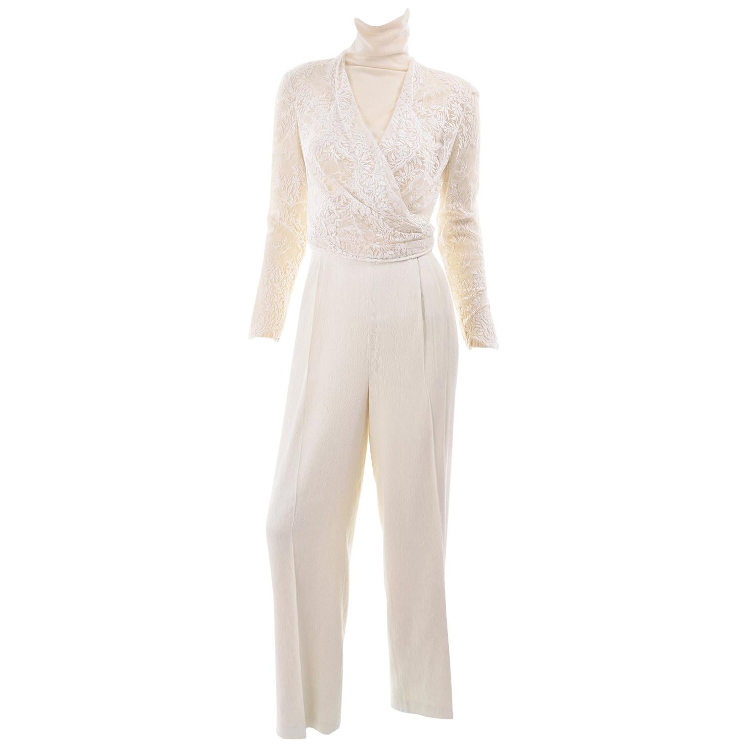 Valentino Cream Cashmere Sweater Ivory Lace Wrap Top & Textured High Waist Pants