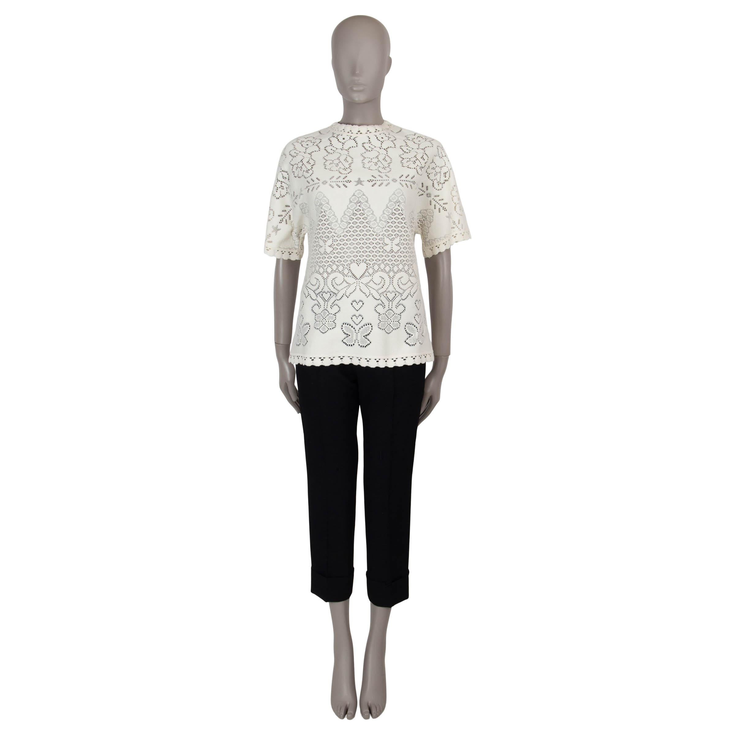 VALENTINO cream cotton 2022 PEONIES POINTELLE TOP Shirt S In Excellent Condition For Sale In Zürich, CH