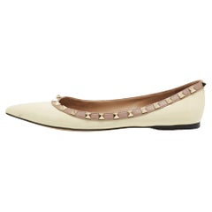 Valentino Cream Leather and Patent Rockstud Ballet Flats Size 38