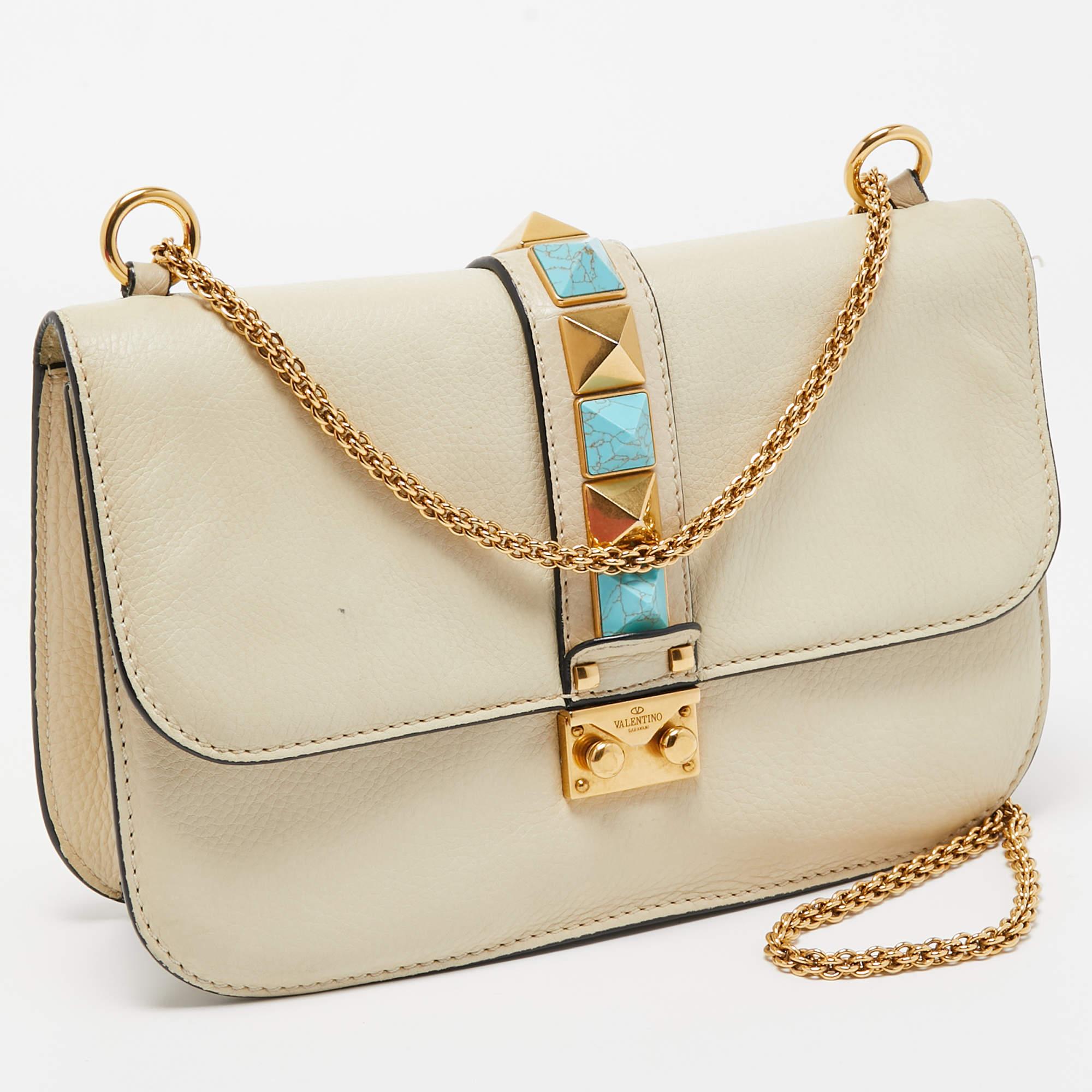 Women's Valentino Cream Leather Medium Rockstud Glam Lock Flap Bag