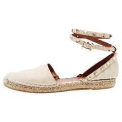 Valentino Cream Leather Rockstud Espadrille Ankle Strap Flats Size 38