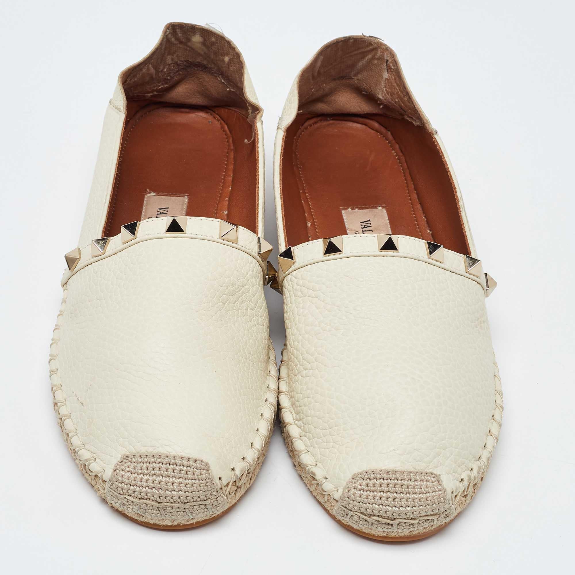 Beige Valentino Cream Leather Rockstud  Espadrille Flats Size 38