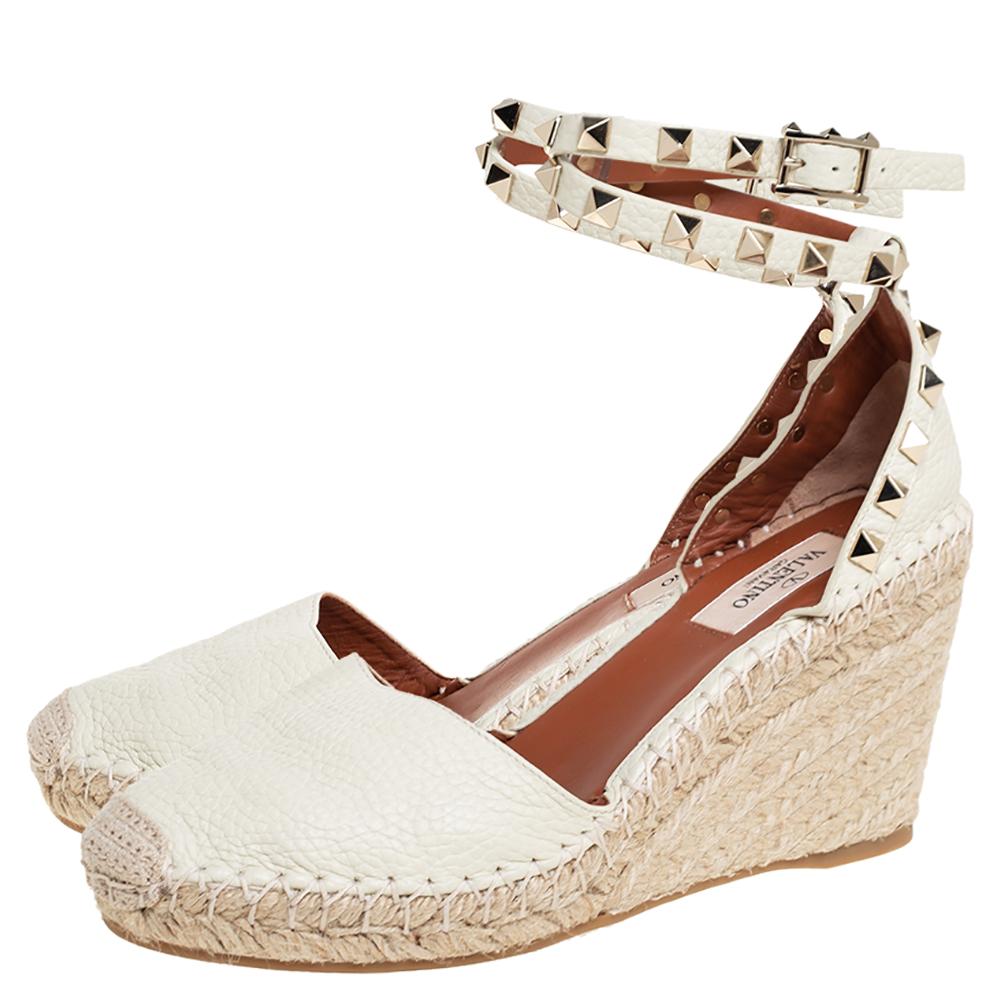 Women's Valentino Cream Leather Rockstud Espadrille Wedge Sandals Size 36