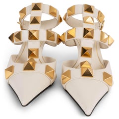 VALENTINO cream leather ROMAN STUD ANKLE STRAP Mules Shoes 38
