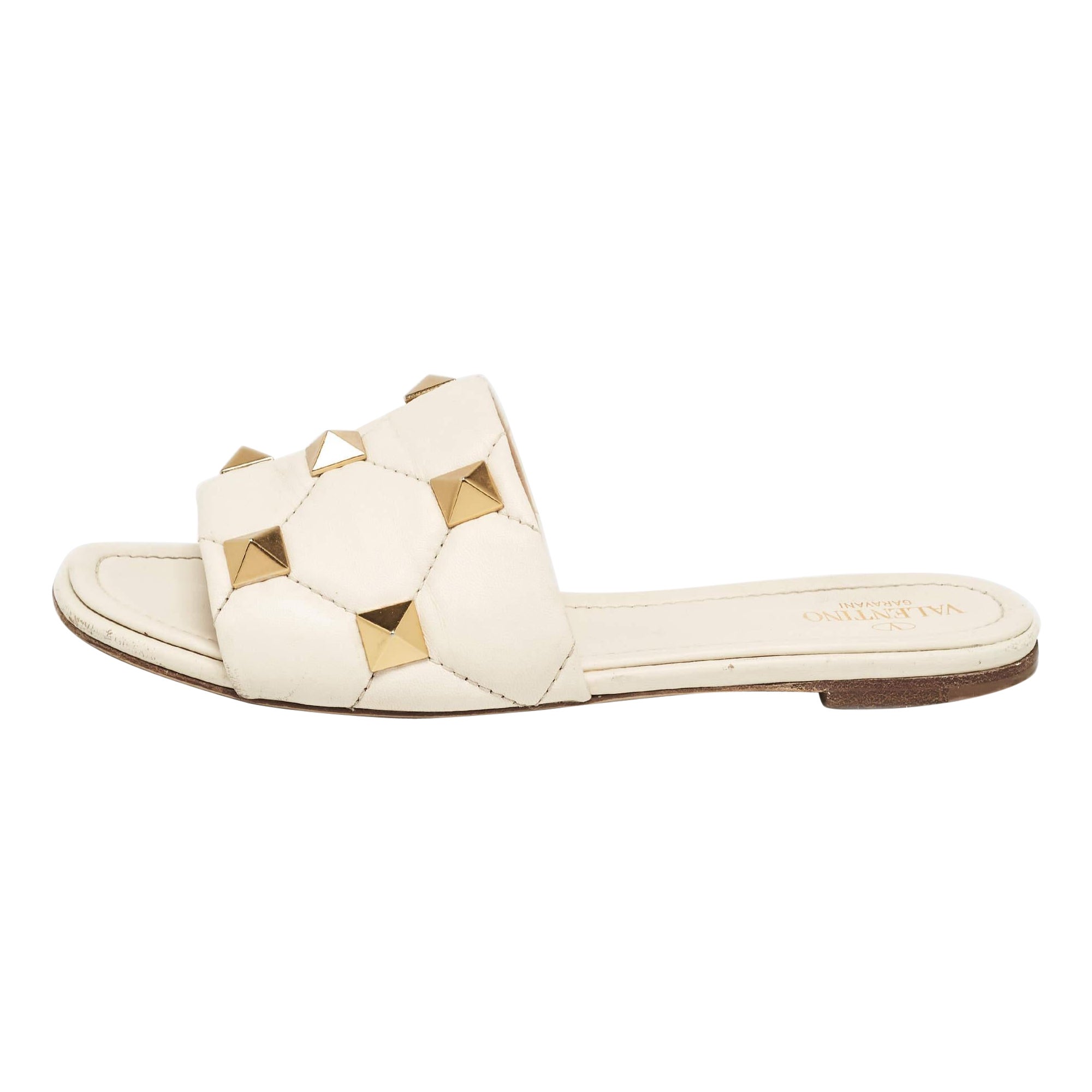Valentino Cream Leather Roman Stud Flat Sandals Size 40