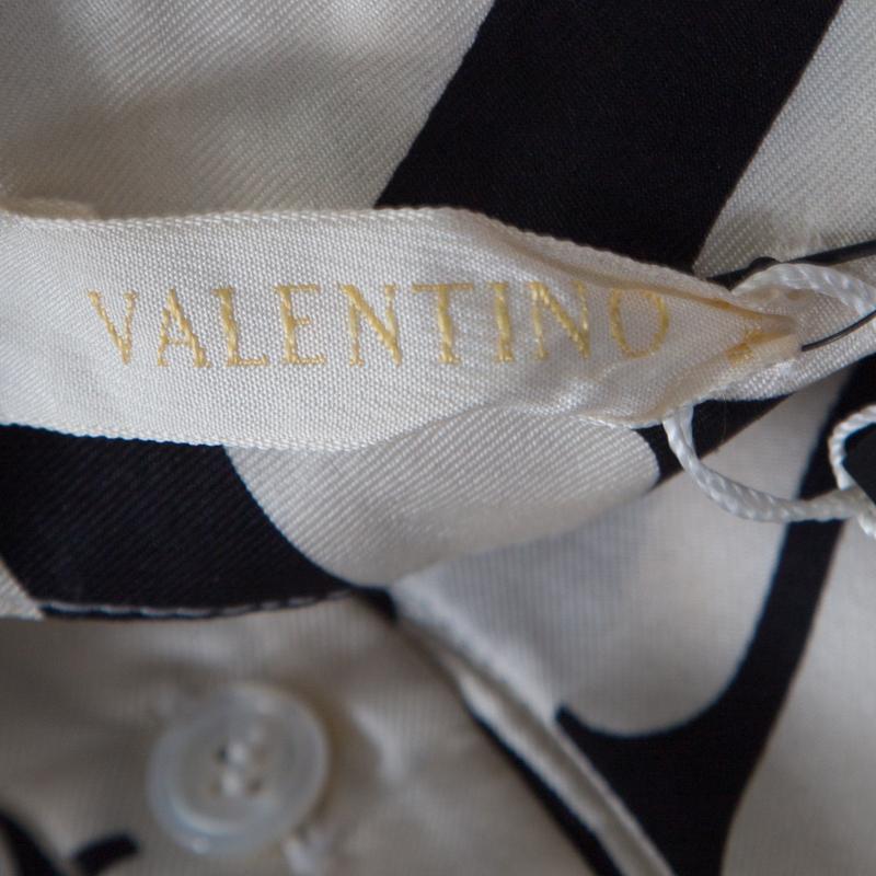 Women's Valentino Cream Monogram Print Long Sleeve Button Front Silk Shirt XL