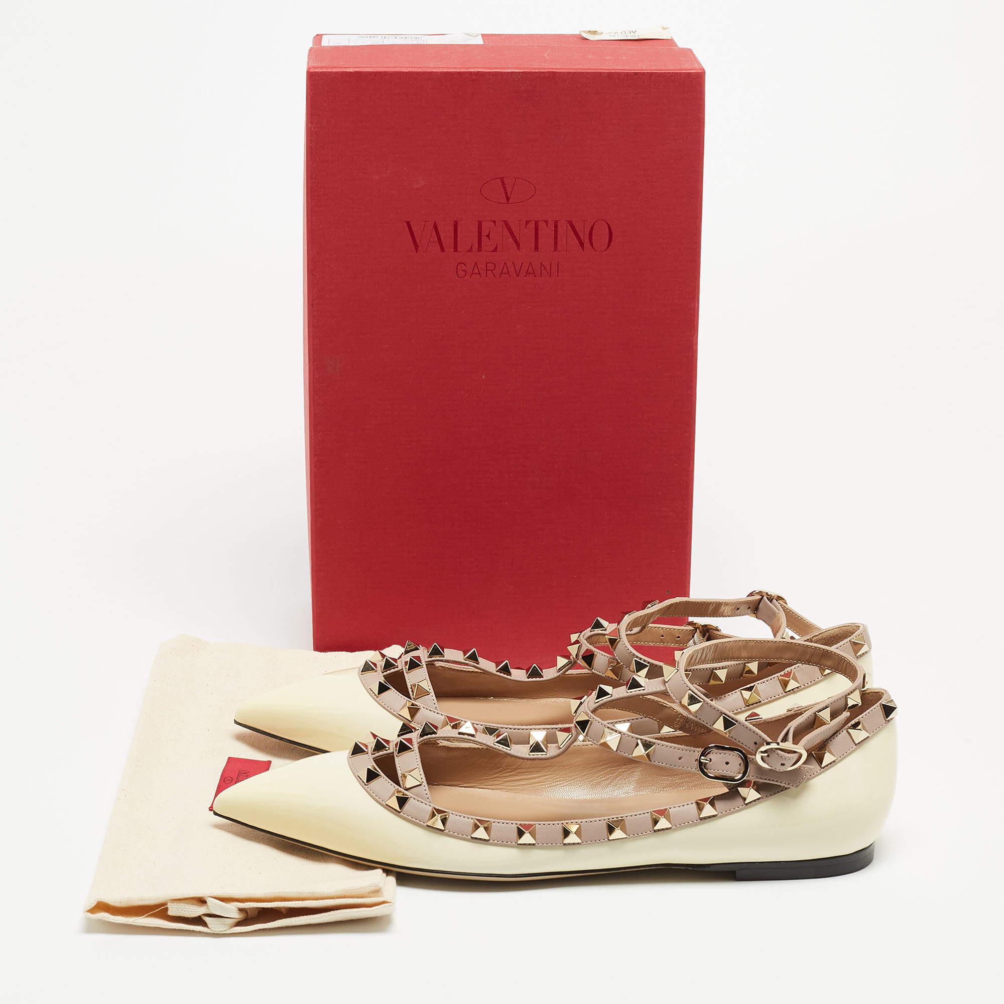 Valentino Cream Patent Leather Rockstud Ankle Strap Ballet Flats  5