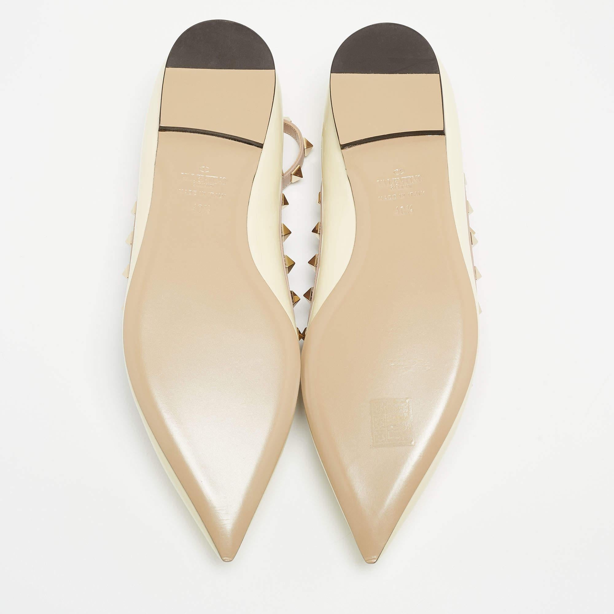Valentino Cream Patent Leather Rockstud Ankle Strap Ballet Flats  4
