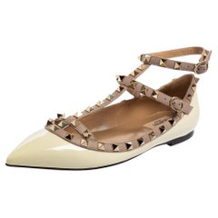 Valentino Cream Patent Leather Rockstud Ankle-Strap Ballet Flats Size 39