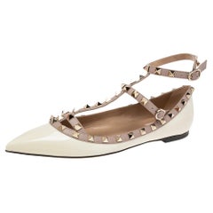 Valentino Cream Patent Leather Rockstud Ankle-Strap Ballet Flats Size 40