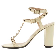 Valentino Cream Patent Leather Rockstud Ankle Strap Sandals Size 37.5