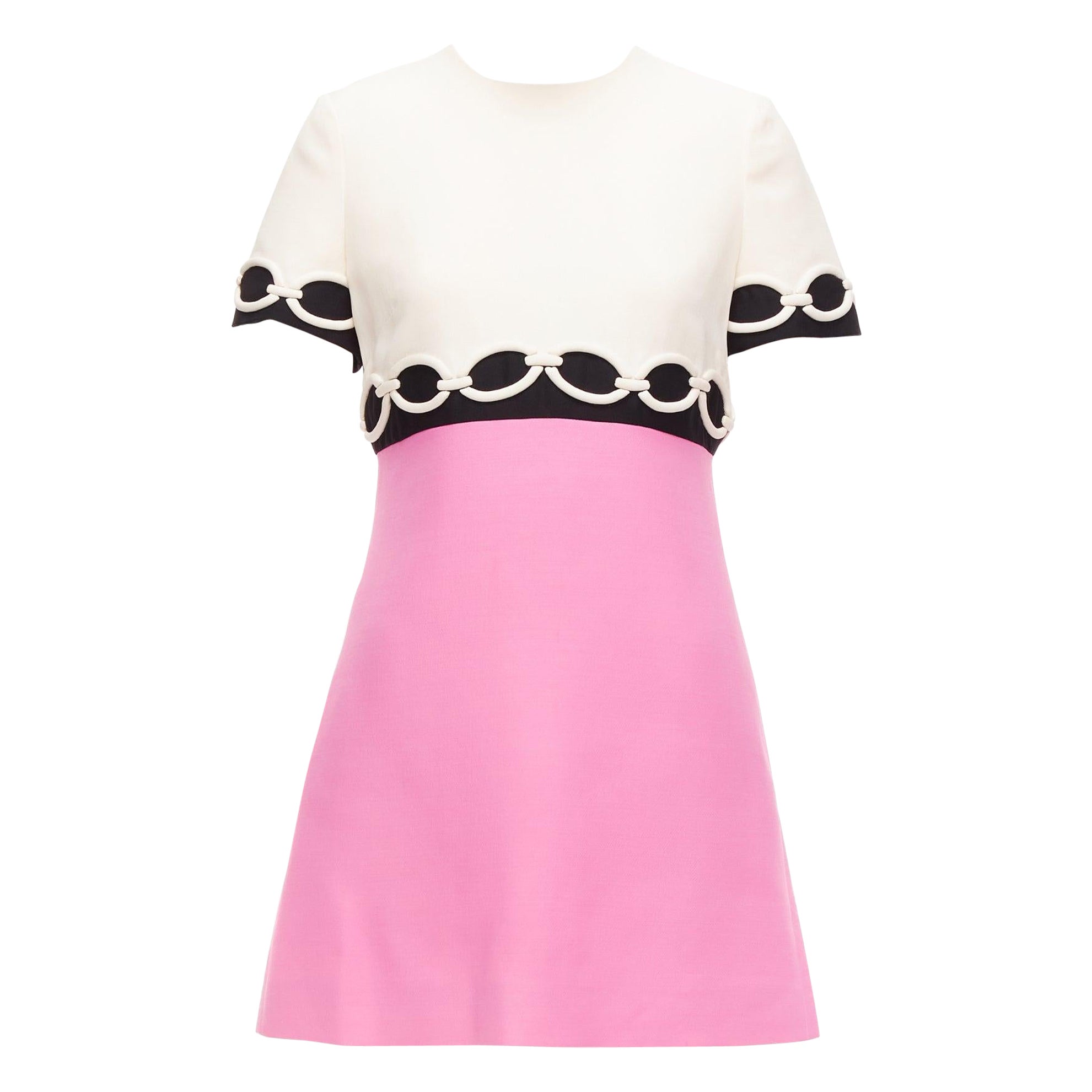 VALENTINO cream pink chain applique short fit flare crepe dress IT40 S