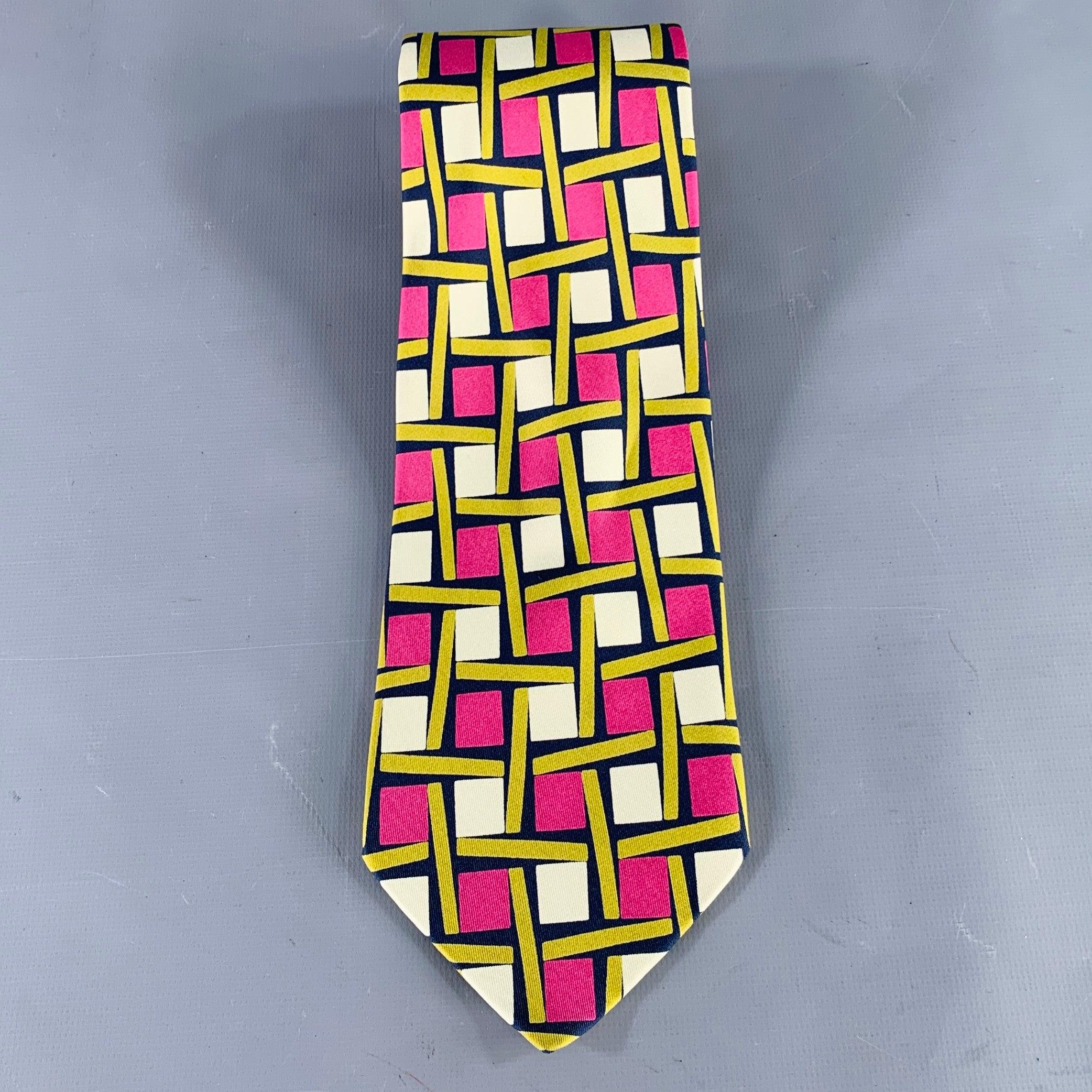 Yellow VALENTINO Cream Pink Green Squares Silk Tie For Sale
