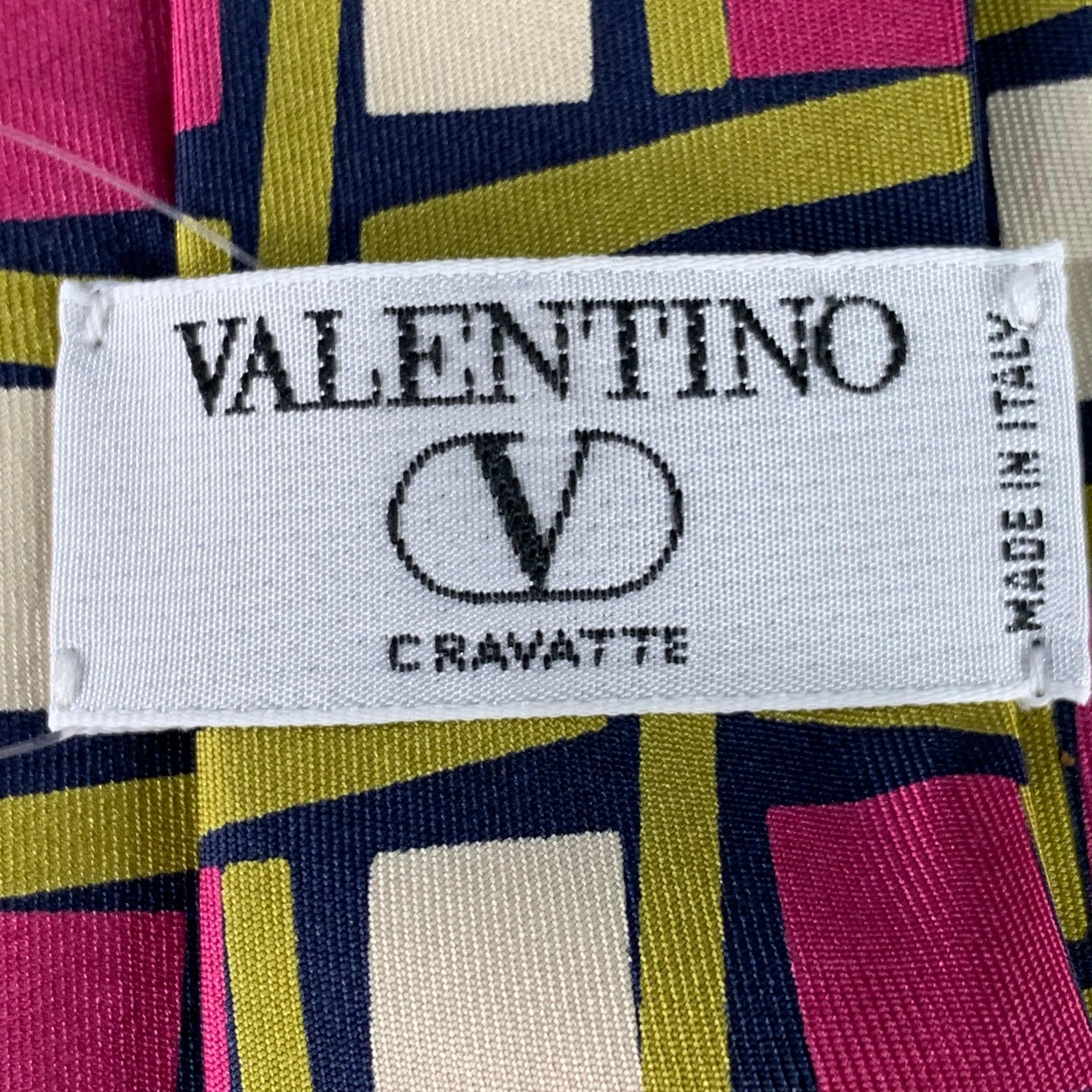VALENTINO Cream Pink Green Squares Silk Tie In Good Condition For Sale In San Francisco, CA