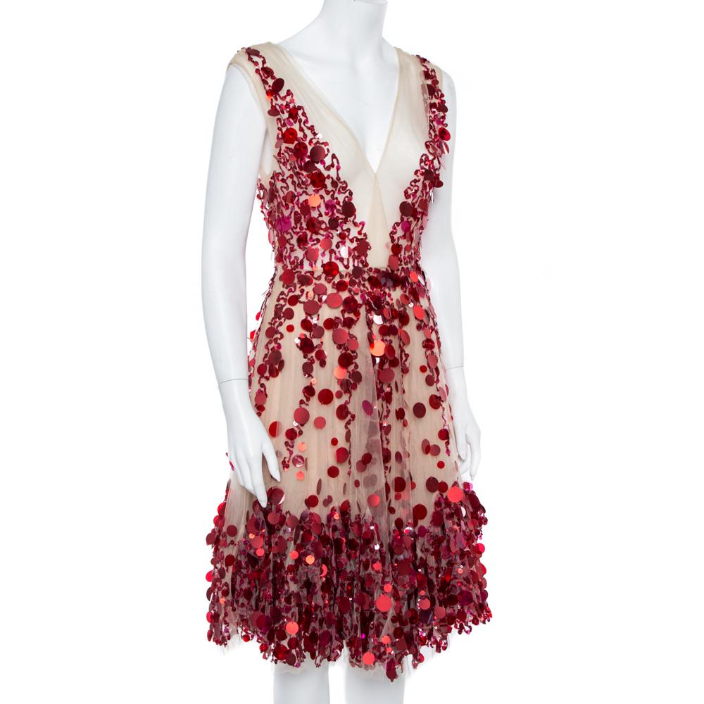 Valentino Cream & Red Paillette Embellished Tulle Dress M In Excellent Condition In Dubai, Al Qouz 2