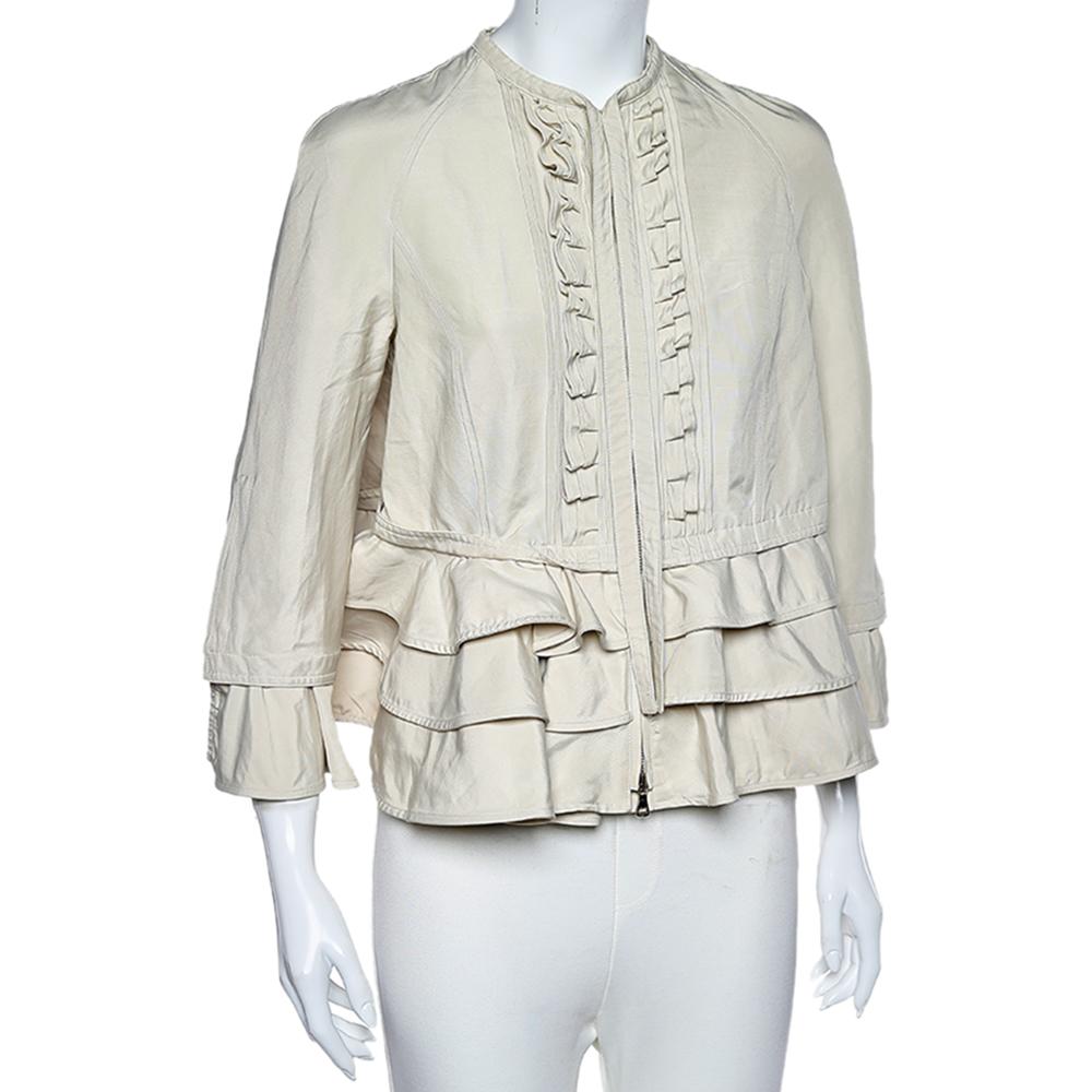 Gray Valentino Cream Ruffled Cotton Zip Front Jacket M For Sale