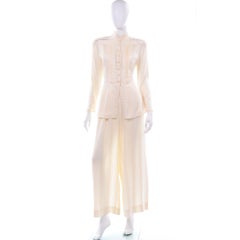 Valentino Cream Tonal Stripe Silk & Lace Pantsuit Wide Leg Pants & Blouse Outfit