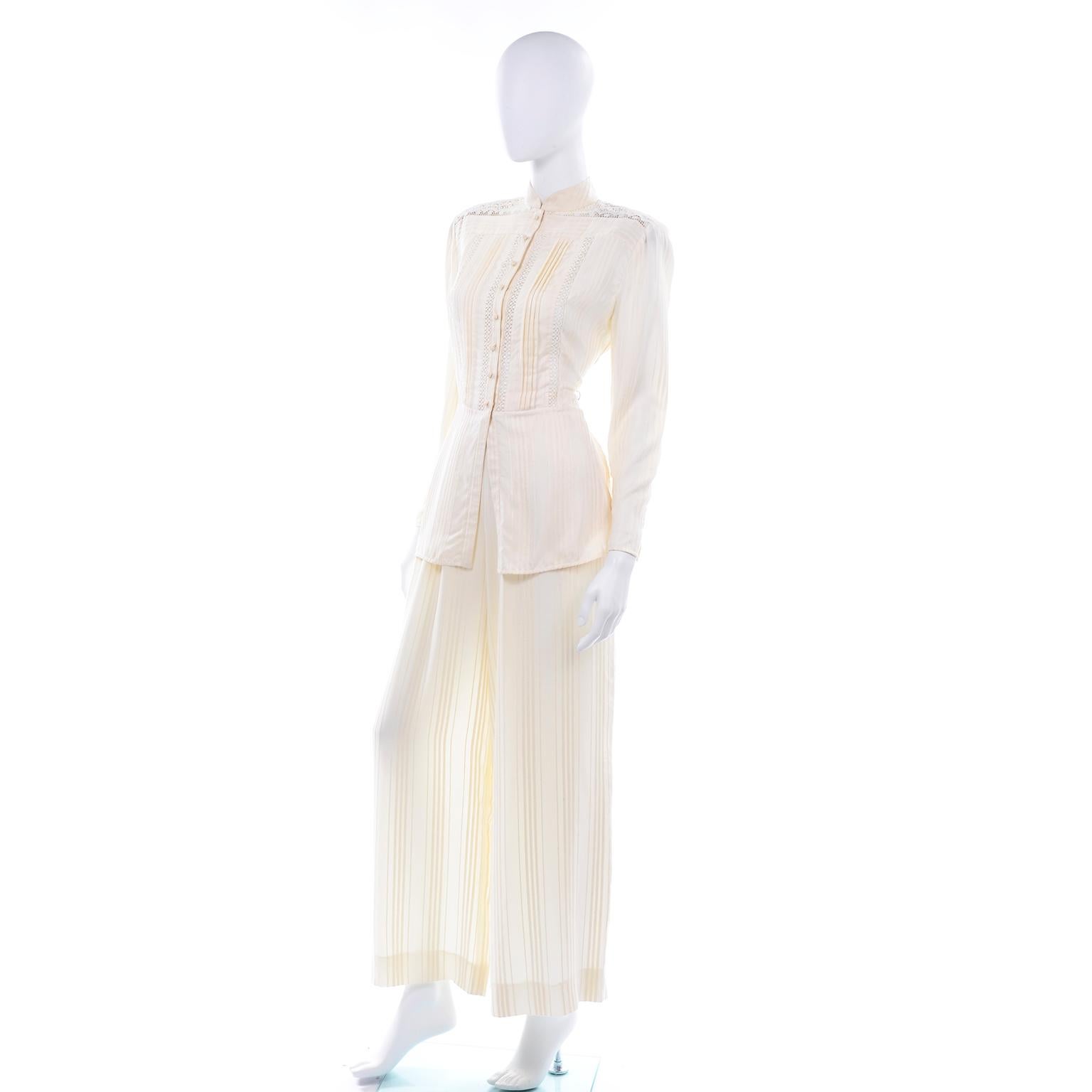 Valentino Cream Tonal Stripe Silk & Lace Pantsuit Wide Leg Pants & Blouse Outfit In Excellent Condition In Portland, OR
