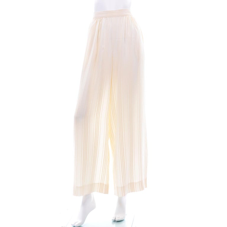 Valentino Cream Tonal Stripe Silk and Lace Pantsuit Wide Leg Pants and ...